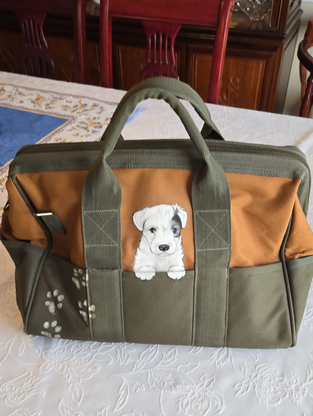 Hand Painted Signed Canvas Zip Top Bag Terrier Dog 🐕 Art Travel Bag 11x16.5x9